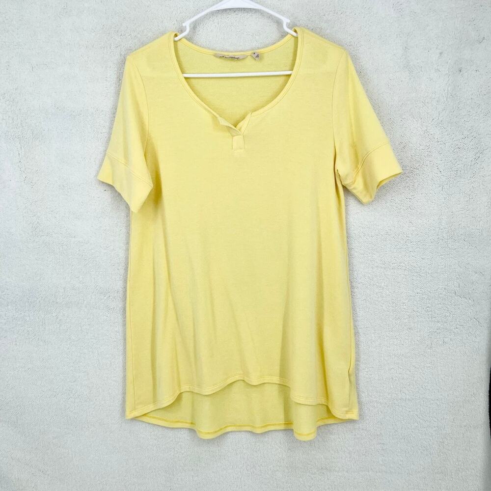 SOFT SURROUNDING Top Women Size Medium Swoop Neck Short Sleeve Yellow High Low